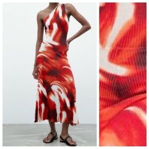 NWT. Zara Red/Cream Viscose Blend Tie Dye Midi Dress. Size M.